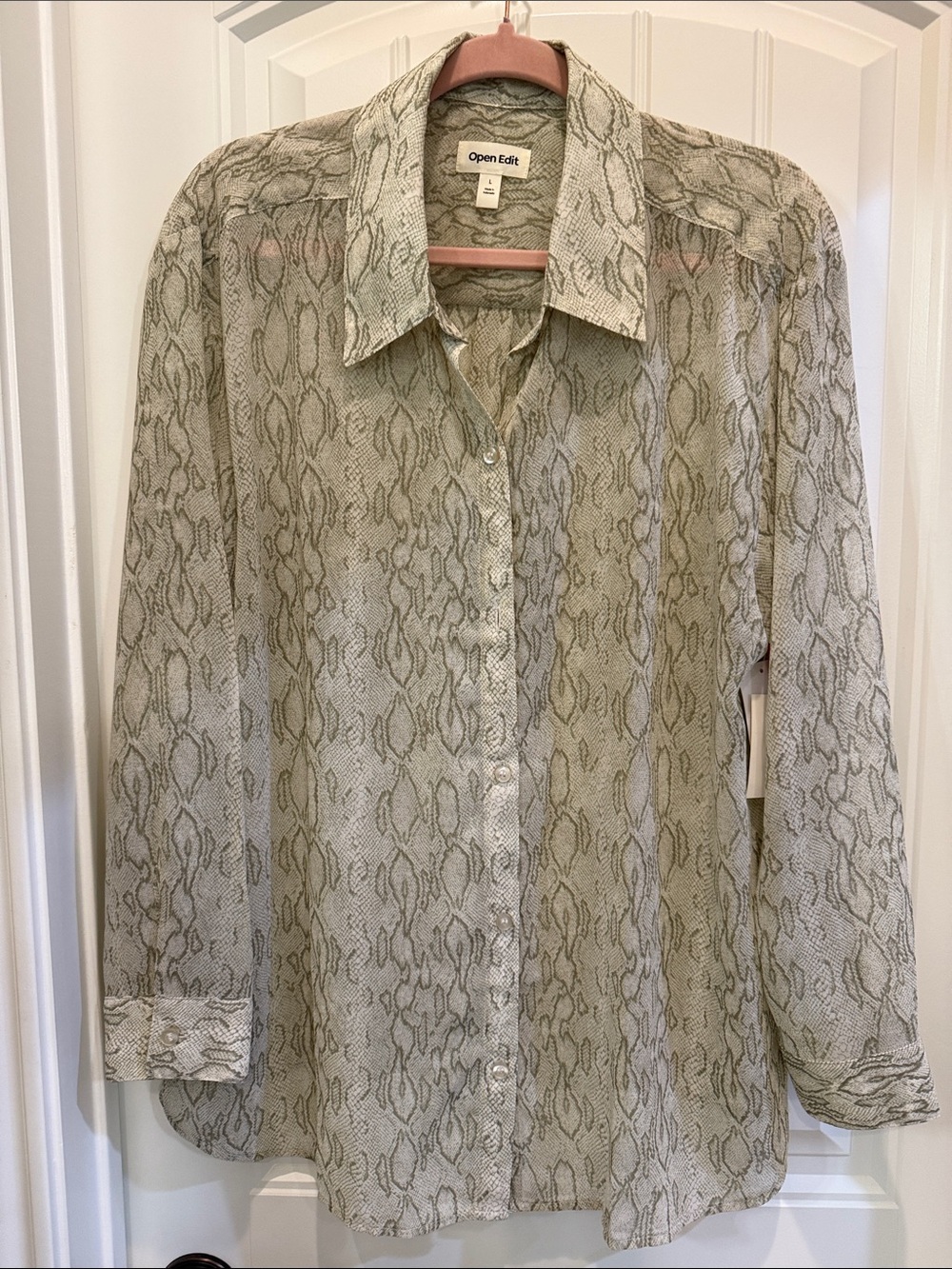 Open Edit Sheer Snakeskin Print Button-Up Shirt - Taupe/Gray
